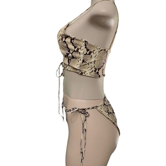Nasty Gal Snake Animal Print Tie Detail Cut Out Triangle Bikini Set Size Med 10 - Picture 5 of 11